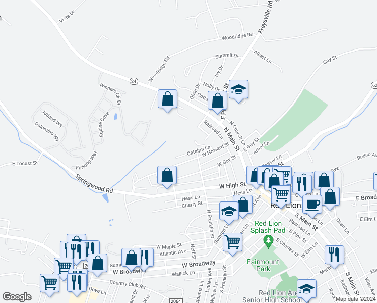 map of restaurants, bars, coffee shops, grocery stores, and more near 213 Catalpa Lane in Red Lion