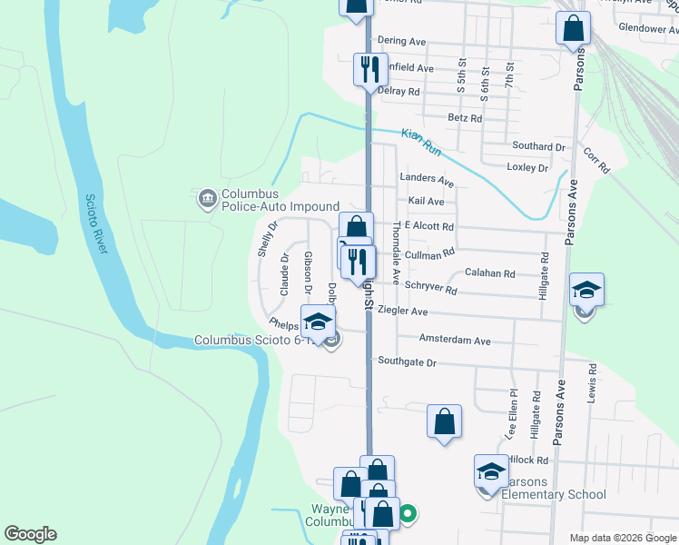 map of restaurants, bars, coffee shops, grocery stores, and more near 2786 Dolby Drive in Columbus