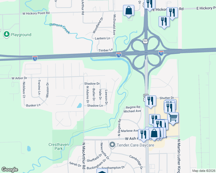 map of restaurants, bars, coffee shops, grocery stores, and more near 4525 Havenwood Drive in Decatur