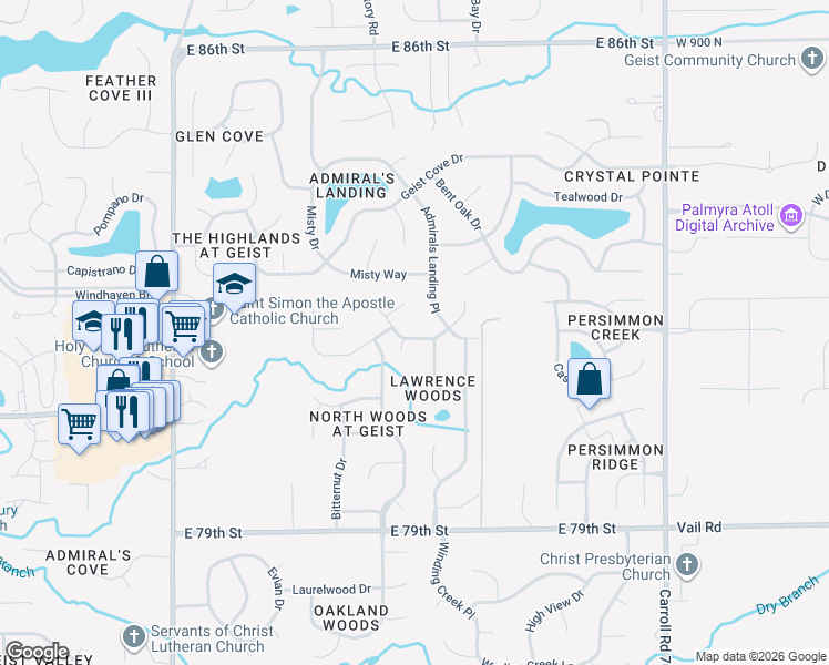 map of restaurants, bars, coffee shops, grocery stores, and more near 12310 Longstraw Drive in Indianapolis