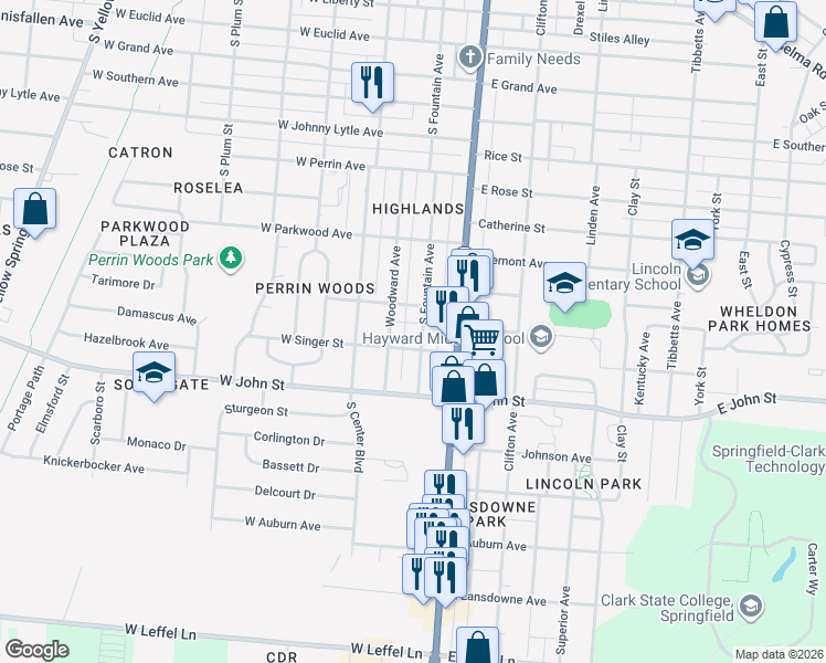 map of restaurants, bars, coffee shops, grocery stores, and more near 1771 South Fountain Avenue in Springfield