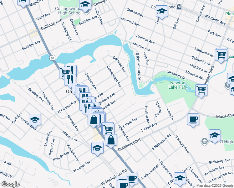 map of restaurants, bars, coffee shops, grocery stores, and more near 50 East Collingswood Avenue in Oaklyn