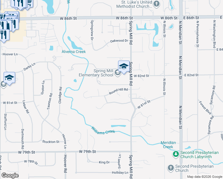 map of restaurants, bars, coffee shops, grocery stores, and more near 502 Round Hill Road in Indianapolis