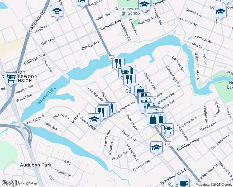 map of restaurants, bars, coffee shops, grocery stores, and more near 305 Newton Avenue in Oaklyn