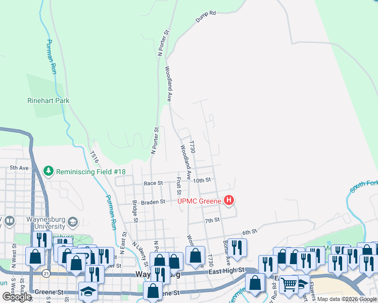 map of restaurants, bars, coffee shops, grocery stores, and more near 825 Sherman Avenue in Waynesburg