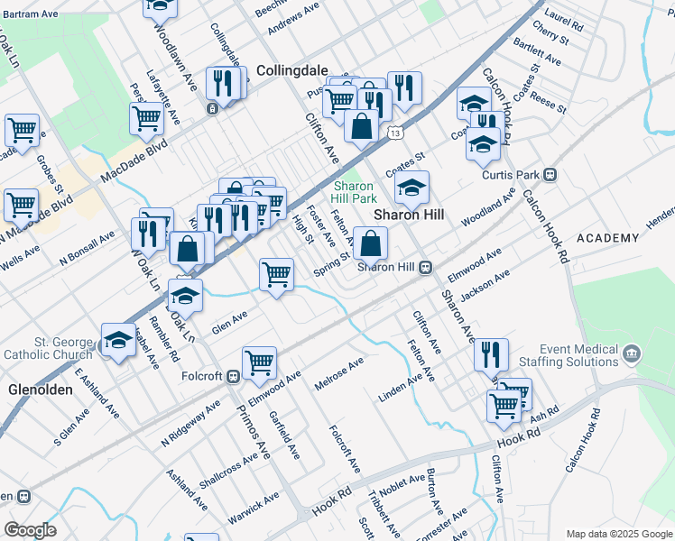 map of restaurants, bars, coffee shops, grocery stores, and more near 305 High Street in Sharon Hill