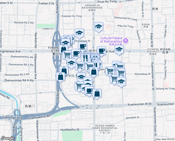 map of restaurants, bars, coffee shops, grocery stores, and more near 132 Xinwenhua Street in Beijing