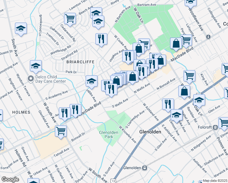 map of restaurants, bars, coffee shops, grocery stores, and more near 50 South Macdade Boulevard in Glenolden