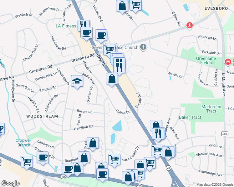 map of restaurants, bars, coffee shops, grocery stores, and more near 691-999 State Highway 73 in Evesham Township