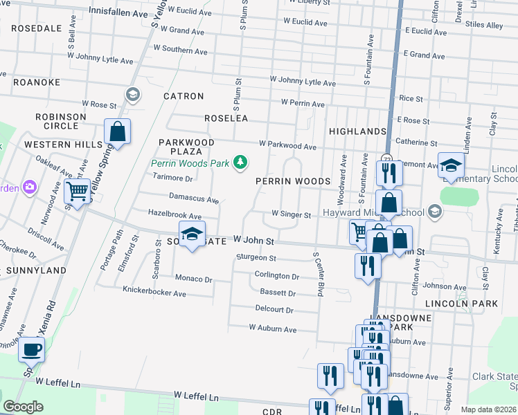 map of restaurants, bars, coffee shops, grocery stores, and more near 1784 Southern Parkway in Springfield