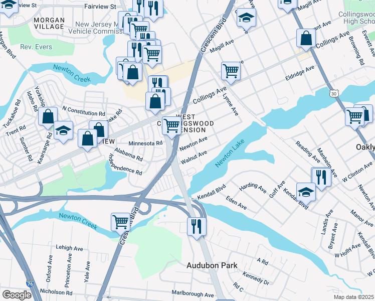 map of restaurants, bars, coffee shops, grocery stores, and more near 1312 Newton Avenue in Oaklyn