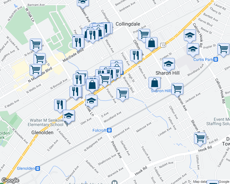 map of restaurants, bars, coffee shops, grocery stores, and more near 116 Burton Lane West in Folcroft