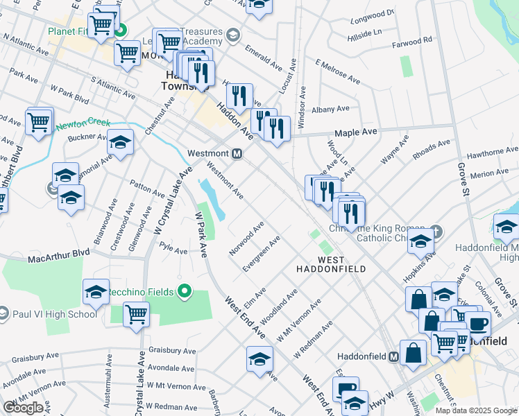 map of restaurants, bars, coffee shops, grocery stores, and more near 405 Westmont Avenue in Haddon Township