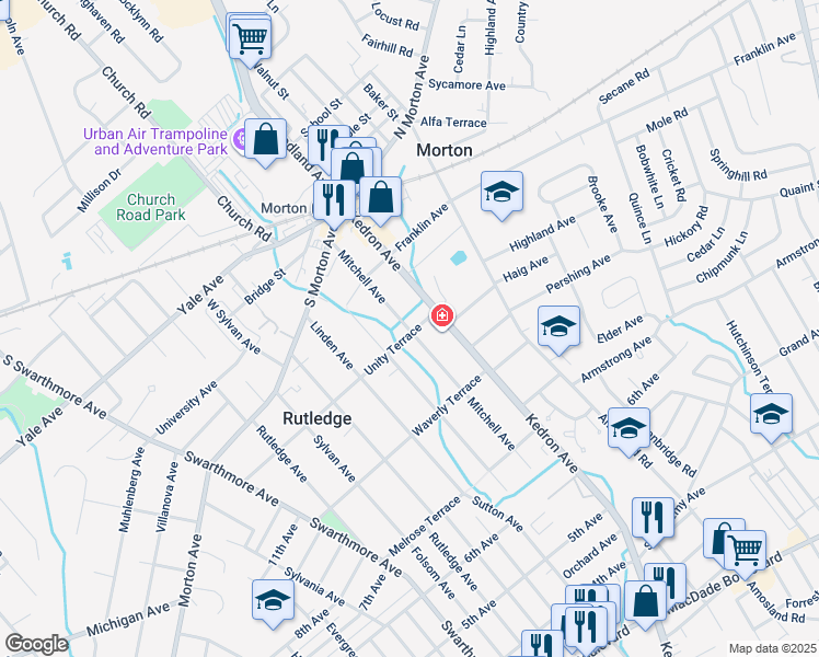 map of restaurants, bars, coffee shops, grocery stores, and more near 1806 Unity Terrace in Morton