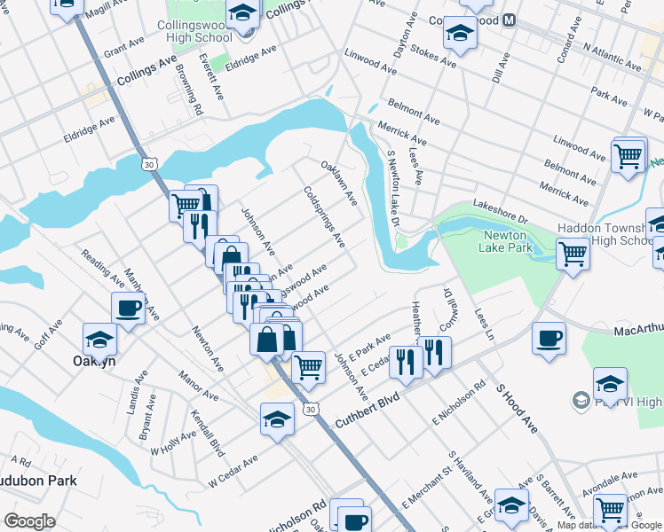 map of restaurants, bars, coffee shops, grocery stores, and more near 50 East Collingswood Avenue in Oaklyn