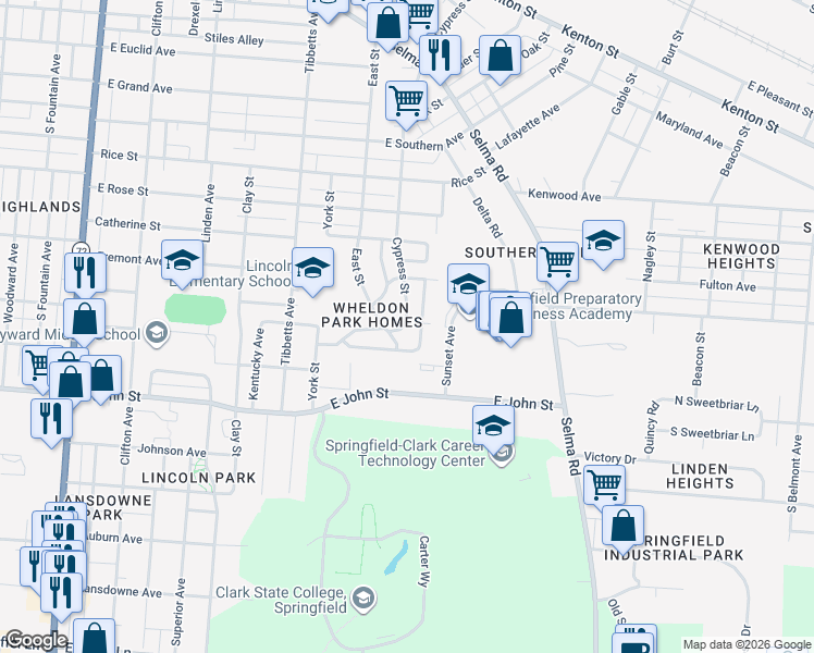 map of restaurants, bars, coffee shops, grocery stores, and more near 1640 Cypress Street in Springfield