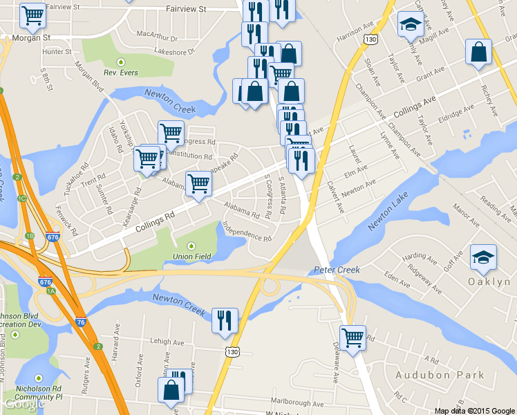 map of restaurants, bars, coffee shops, grocery stores, and more near 3124 South Constitution Road in Camden