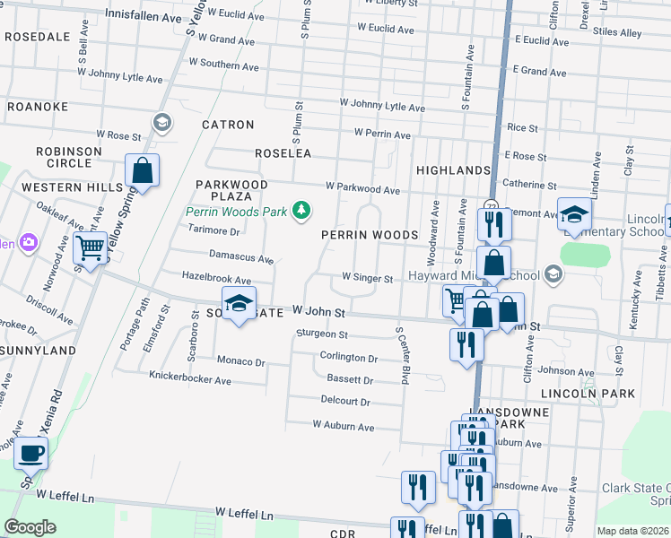 map of restaurants, bars, coffee shops, grocery stores, and more near 1784 Southern Parkway in Springfield