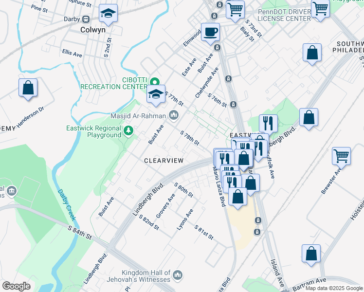 map of restaurants, bars, coffee shops, grocery stores, and more near 7819 Midas Place in Philadelphia