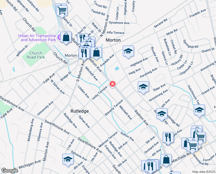 map of restaurants, bars, coffee shops, grocery stores, and more near 1806 Unity Terrace in Morton