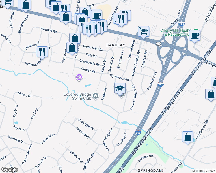 map of restaurants, bars, coffee shops, grocery stores, and more near 1211 Forge Road in Cherry Hill Township