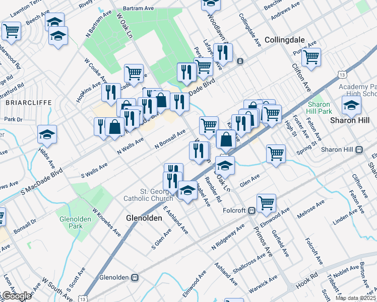 map of restaurants, bars, coffee shops, grocery stores, and more near 311 North Llanwellyn Avenue in Glenolden