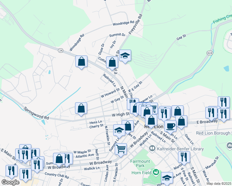 map of restaurants, bars, coffee shops, grocery stores, and more near 10 W Howard St in Red Lion