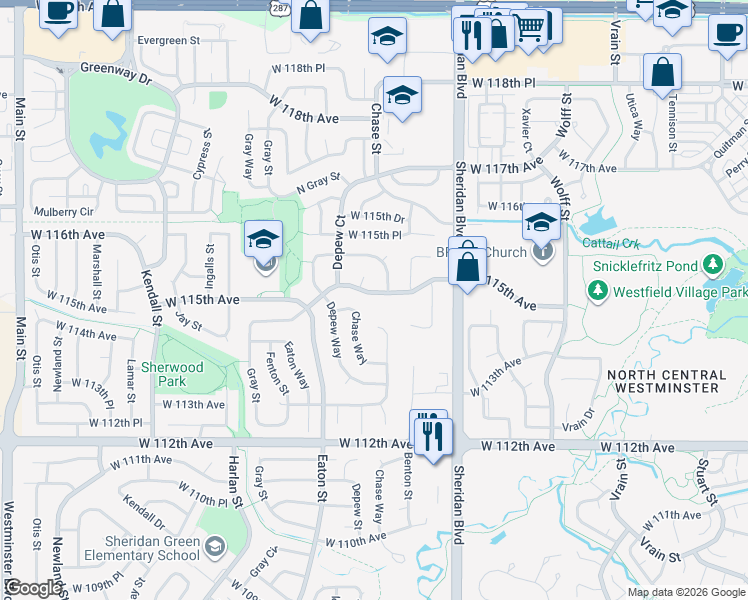 map of restaurants, bars, coffee shops, grocery stores, and more near 5460 West 115th Avenue in Broomfield