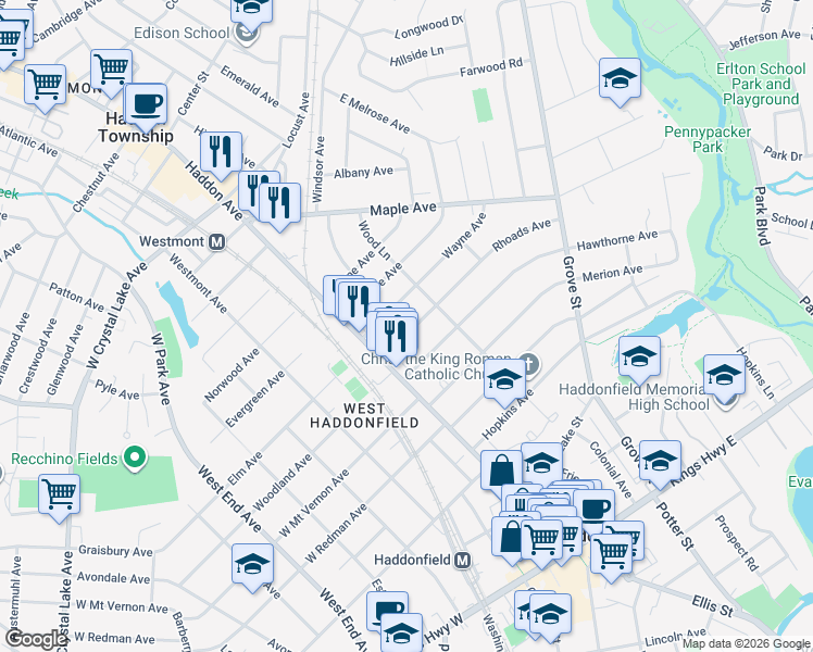 map of restaurants, bars, coffee shops, grocery stores, and more near 135 Rhoads Avenue in Haddonfield