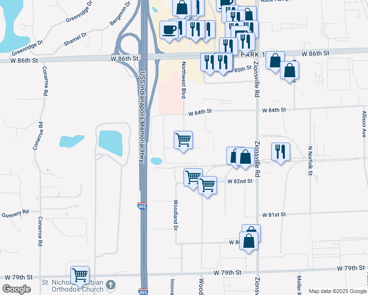 map of restaurants, bars, coffee shops, grocery stores, and more near 8200 Northwest Boulevard in Indianapolis