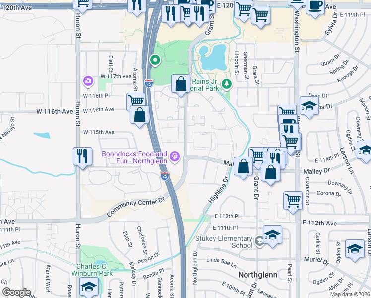 map of restaurants, bars, coffee shops, grocery stores, and more near 11429 Community Center Drive in Denver