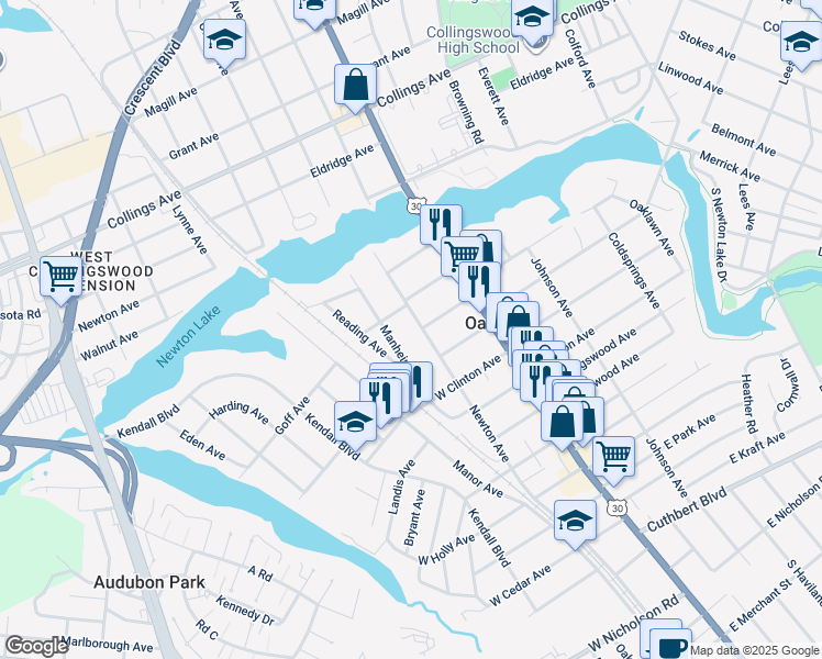 map of restaurants, bars, coffee shops, grocery stores, and more near 207 Manheim Avenue in Oaklyn