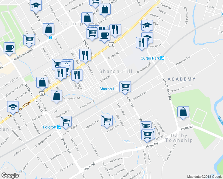 map of restaurants, bars, coffee shops, grocery stores, and more near 1119 Woodland Avenue in Sharon Hill