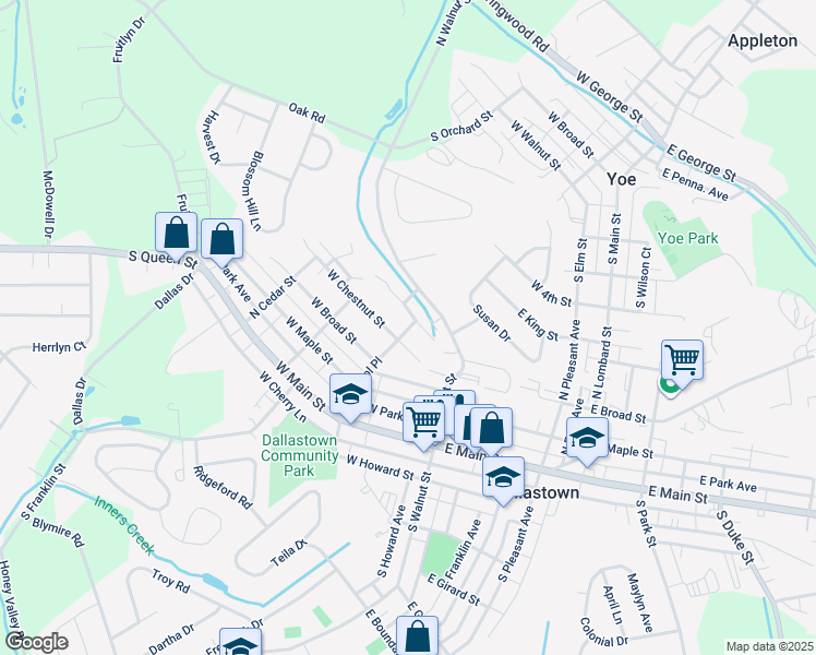 map of restaurants, bars, coffee shops, grocery stores, and more near 209 West Chestnut Street in Dallastown