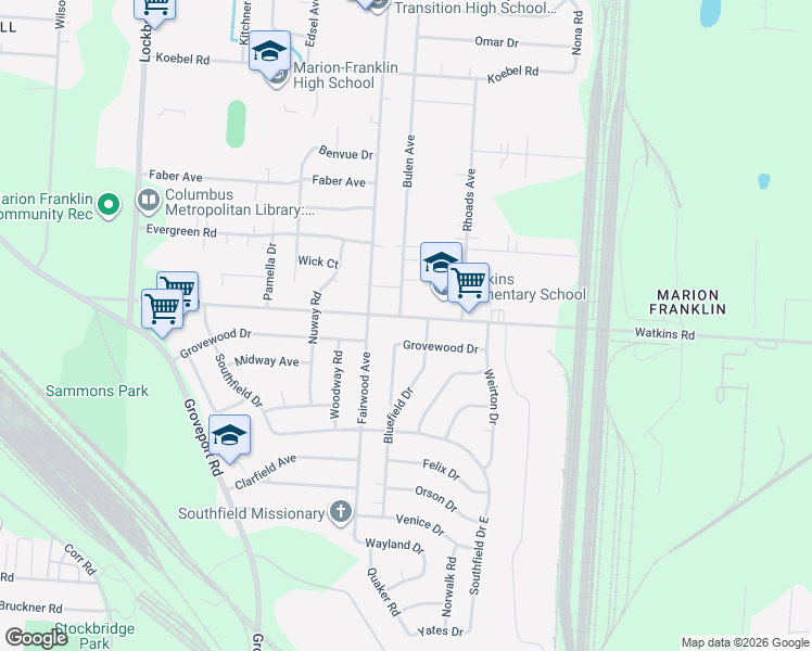 map of restaurants, bars, coffee shops, grocery stores, and more near 1463 Watkins Road in Columbus