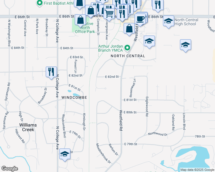 map of restaurants, bars, coffee shops, grocery stores, and more near 1116 Iron Springs Court in Indianapolis