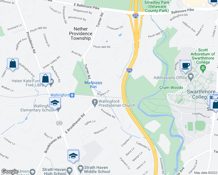 map of restaurants, bars, coffee shops, grocery stores, and more near 204 Sherwood Lane in Nether Providence Township