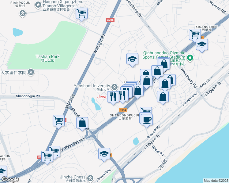 map of restaurants, bars, coffee shops, grocery stores, and more near He Bei Da Jie Xi Duan in Qin Huang Dao Shi