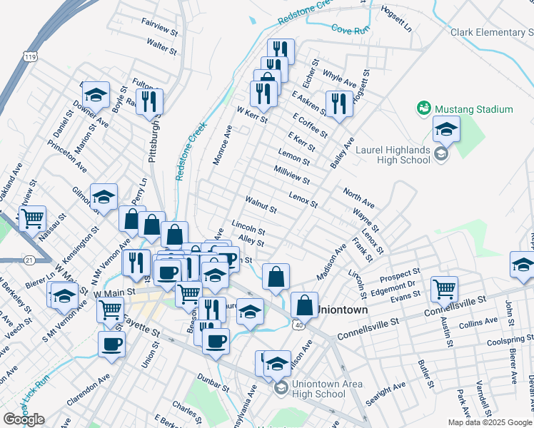 map of restaurants, bars, coffee shops, grocery stores, and more near 130 Walnut Street in Uniontown