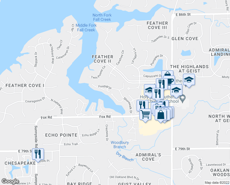 map of restaurants, bars, coffee shops, grocery stores, and more near 8176 Shorewalk Drive in Indianapolis
