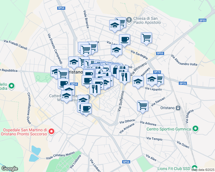 map of restaurants, bars, coffee shops, grocery stores, and more near 19 Via Santa Chiara in Oristano