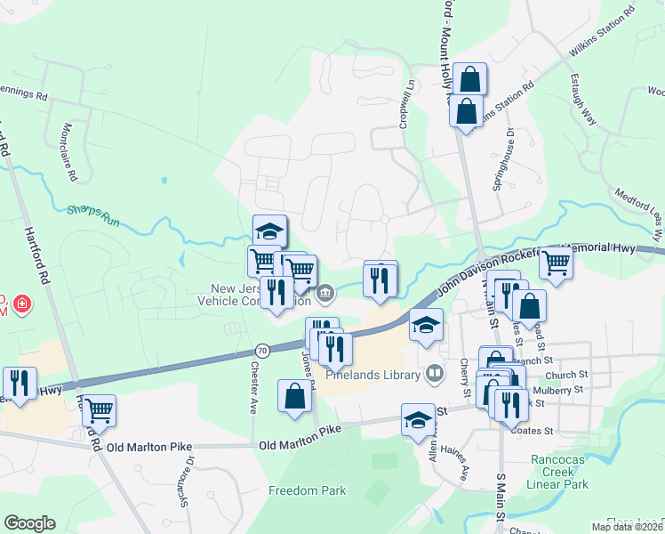 map of restaurants, bars, coffee shops, grocery stores, and more near 72 Forge Road in Medford