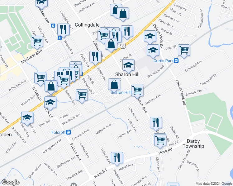 map of restaurants, bars, coffee shops, grocery stores, and more near 1216 Woodland Avenue in Sharon Hill