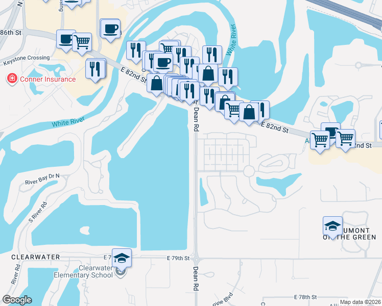 map of restaurants, bars, coffee shops, grocery stores, and more near 8170 Dean Road in Indianapolis