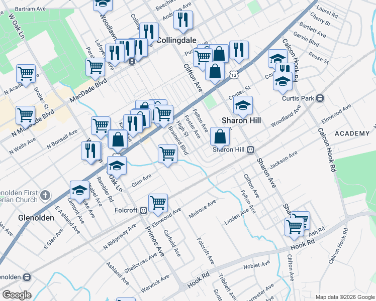 map of restaurants, bars, coffee shops, grocery stores, and more near 223 Brainerd Boulevard in Sharon Hill