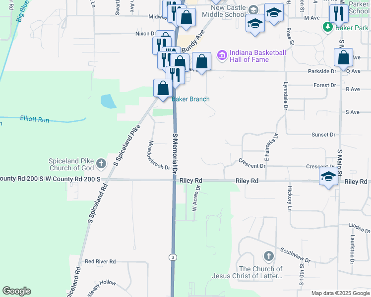 map of restaurants, bars, coffee shops, grocery stores, and more near 2820 South Memorial Drive in New Castle