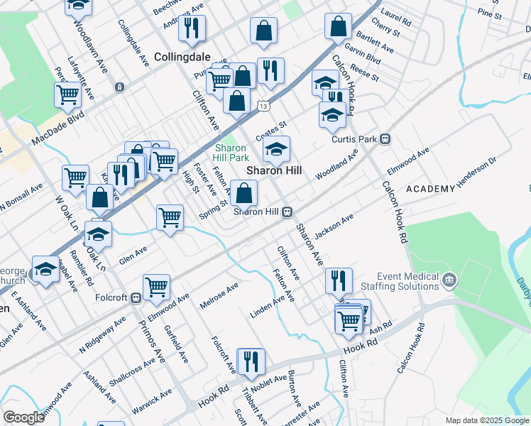 map of restaurants, bars, coffee shops, grocery stores, and more near 1135 Woodland Avenue in Sharon Hill