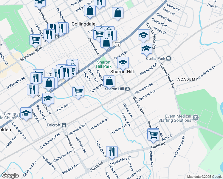 map of restaurants, bars, coffee shops, grocery stores, and more near 1216 Woodland Avenue in Sharon Hill