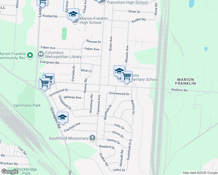 map of restaurants, bars, coffee shops, grocery stores, and more near 1463 Watkins Road in Columbus