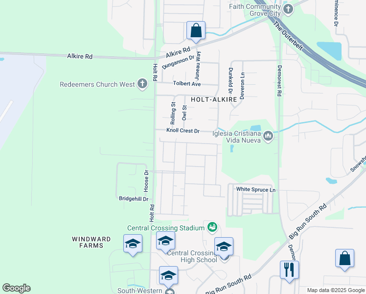 map of restaurants, bars, coffee shops, grocery stores, and more near 2349 Hotchkiss Street in Grove City